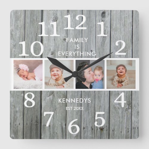 Rustic Gray Wood 4 Photo Family Quote Farmhouse Square Wall Clock