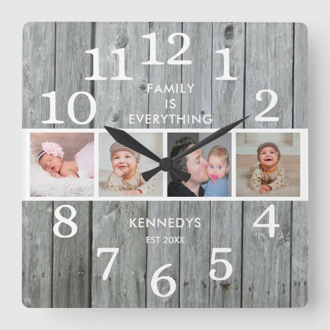 Rustic Gray Wood 4 Photo Family Quote Farmhouse Square Wall Clock (Front)