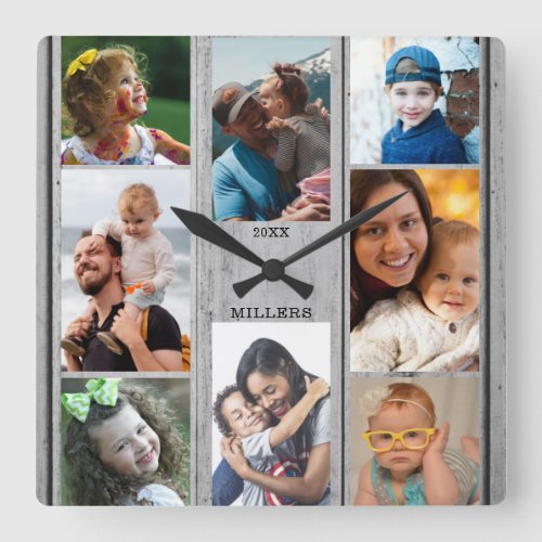 Rustic Gray Wood 8 Photo Collage Family Name Square Wall Clock
