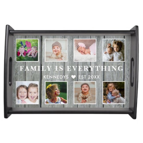 Rustic Gray Wood 8 Photo Collage Family Quote Name