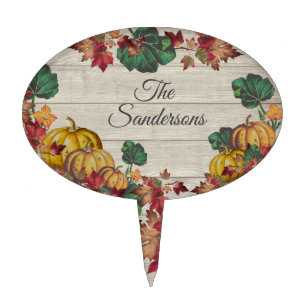 Rustic Gray Wood Autumn Orange Pumpkin Fall Leaves Cake Topper
