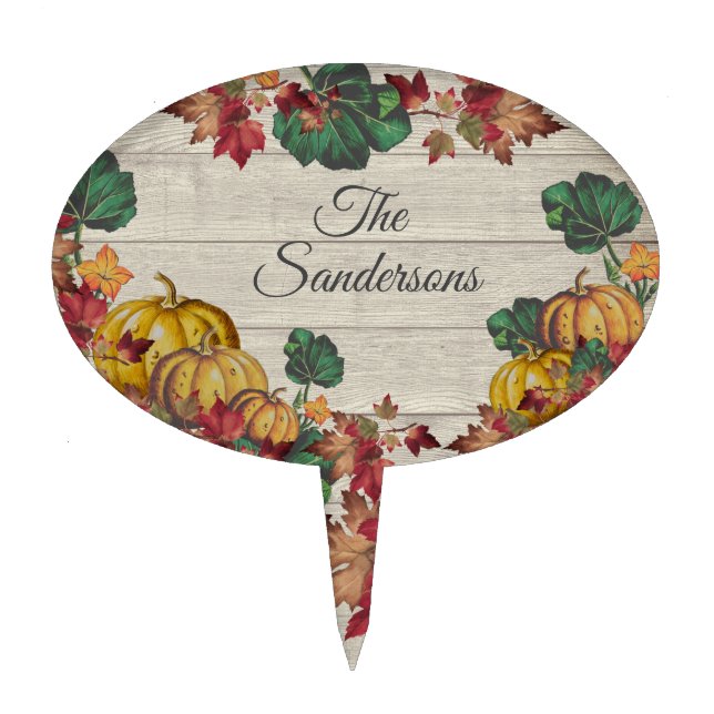 Rustic Gray Wood Autumn Orange Pumpkin Fall Leaves Cake Topper (Front)