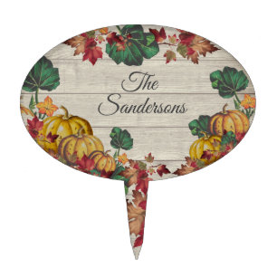 Rustic Gray Wood Autumn Orange Pumpkin Fall Leaves Cake Topper