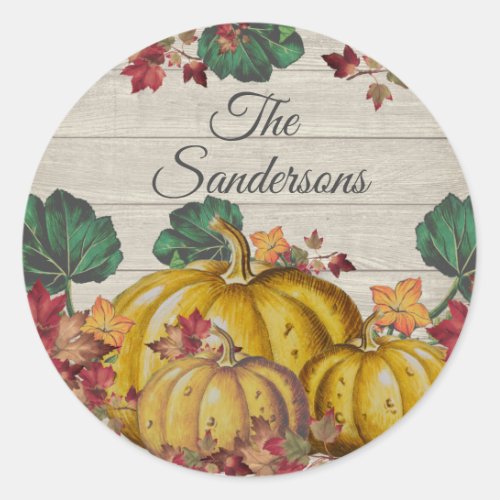 Rustic Gray Wood Autumn Orange Pumpkin Fall Leaves Classic Round Sticker