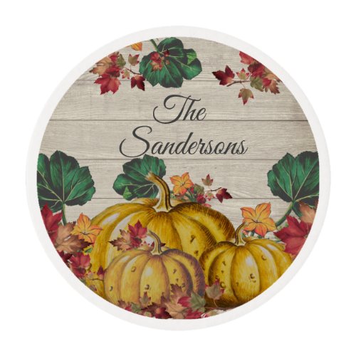 Rustic Gray Wood Autumn Orange Pumpkin Fall Leaves Edible Frosting Rounds