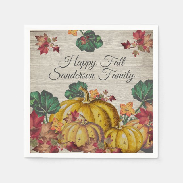 Rustic Gray Wood Autumn Orange Pumpkin Fall Leaves Napkins (Front)