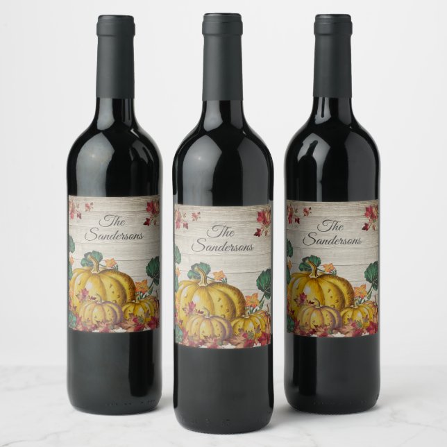 Rustic Gray Wood Autumn Orange Pumpkin Fall Leaves Wine Label (Bottles)