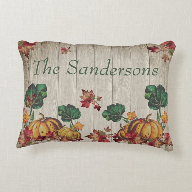 Rustic Gray Wood Autumn Orange Pumpkins Fall Leave Accent Pillow (Back)
