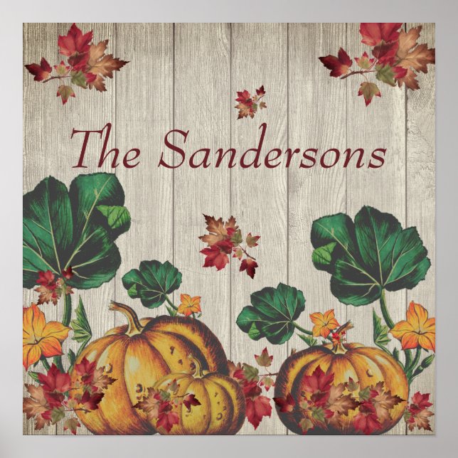Rustic Gray Wood Autumn Orange Pumpkins Fall Leave Poster (Front)