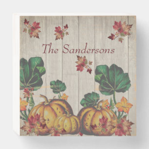 Rustic Gray Wood Autumn Orange Pumpkins Fall Leave Wooden Box Sign