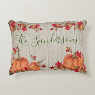 Rustic Gray Wood Autumn Pumpkins Fall Leaves Acc Accent Pillow