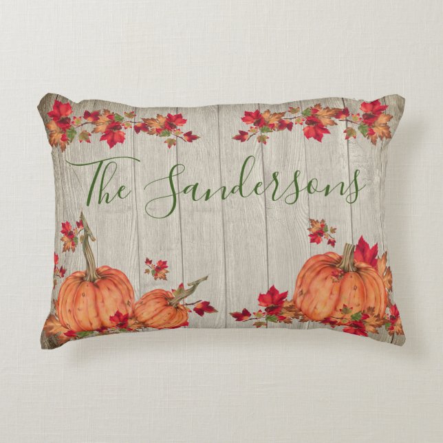 Rustic Gray Wood Autumn  Pumpkins Fall Leaves  Acc Accent Pillow (Front)