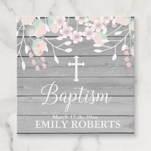 Rustic gray wood blush floral baptism favor tags