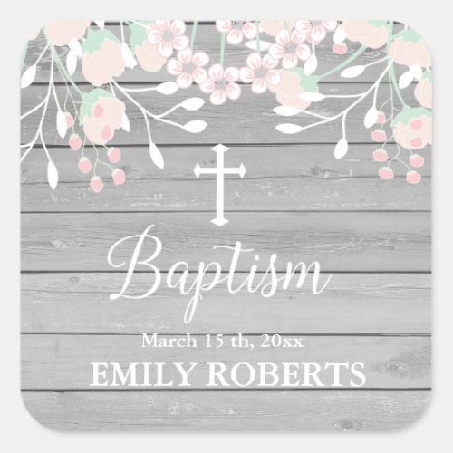 Rustic gray wood blush floral baptism square sticker