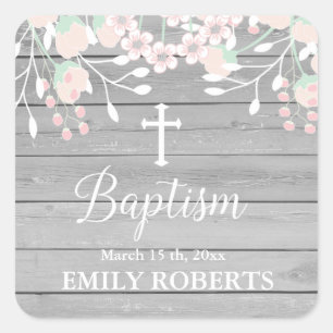 Rustic gray wood blush floral baptism square sticker