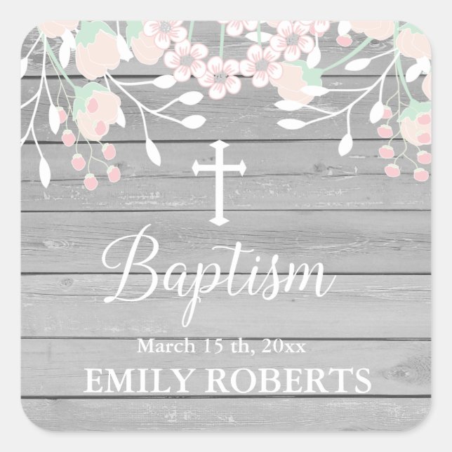 Rustic gray wood blush floral baptism square sticker (Front)