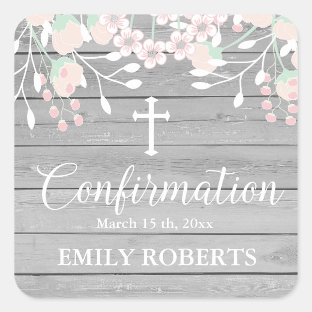 Rustic gray wood blush floral conformation square sticker (Front)