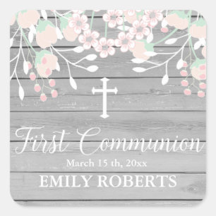 Rustic gray wood blush floral first communion square sticker