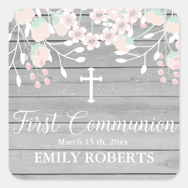 Rustic gray wood blush floral first communion square sticker (Front)