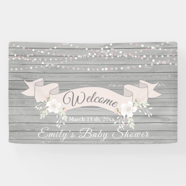 Rustic gray wood blush ribbon baby shower banner (Horizontal)