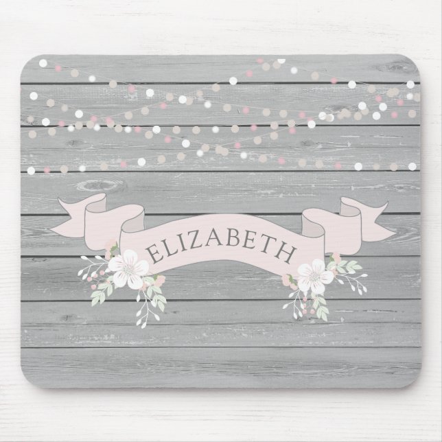 Rustic gray wood blush ribbon monogram mouse pad (Front)