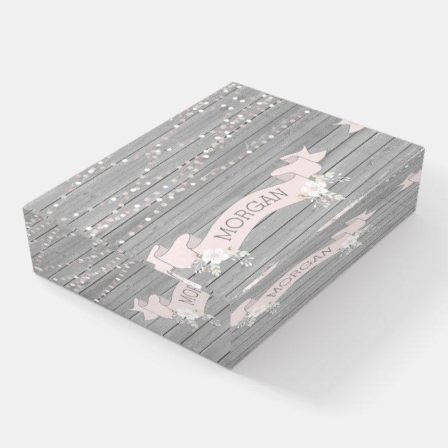 Rustic gray wood blush ribbon monogram paperweight (Angled)