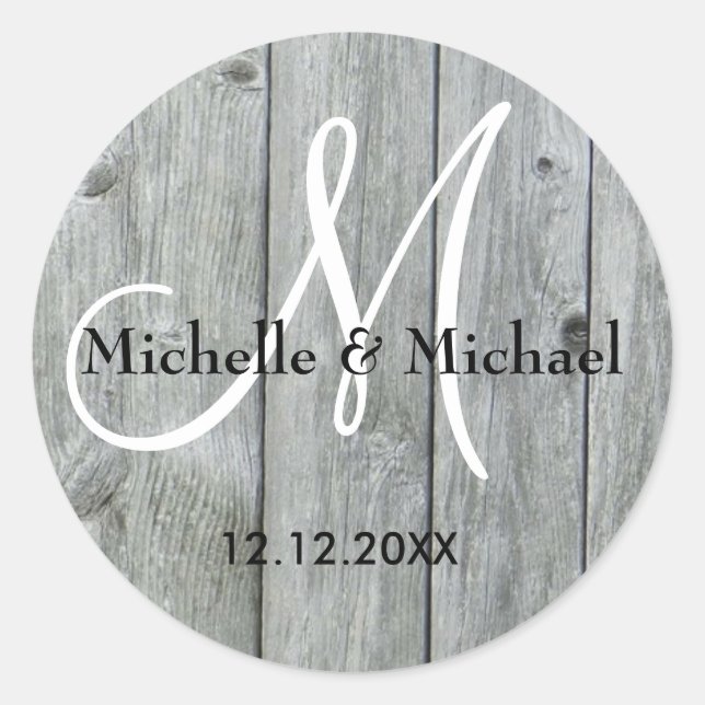 Rustic Gray Wood Bride And Groom Monogram Classic Round Sticker (Front)