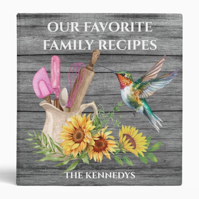 Rustic Gray Wood Cookbook Hummingbird Sunflower 3 Ring Binder (Front)
