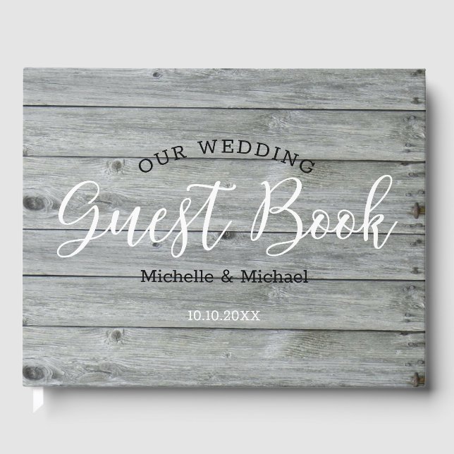Rustic Gray Wood Country Wedding Guest Book (Front)