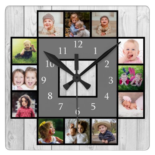 Rustic Gray Wood Create Your Own 12 Photo Collage Square Wall Clock