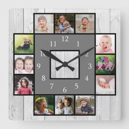 Rustic Gray Wood Create Your Own 12 Photo Collage Square Wall Clock