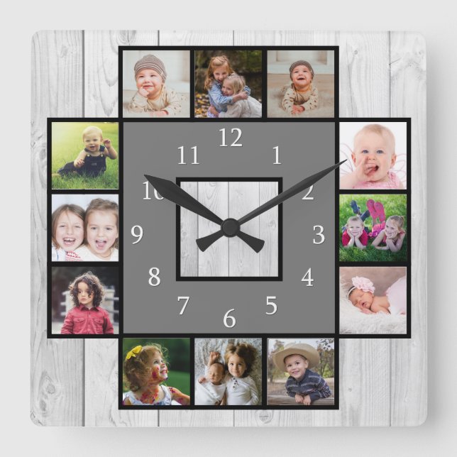 Rustic Gray Wood Create Your Own 12 Photo Collage Square Wall Clock (Front)