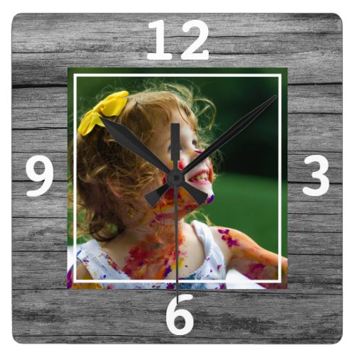 Rustic Gray Wood Create Your Own Photo Square Wall Clock