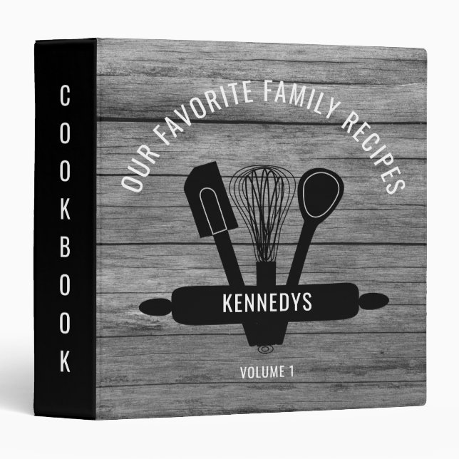 Rustic Gray Wood Custom Family Recipe Cookbook   3 Ring Binder (Front/Spine)