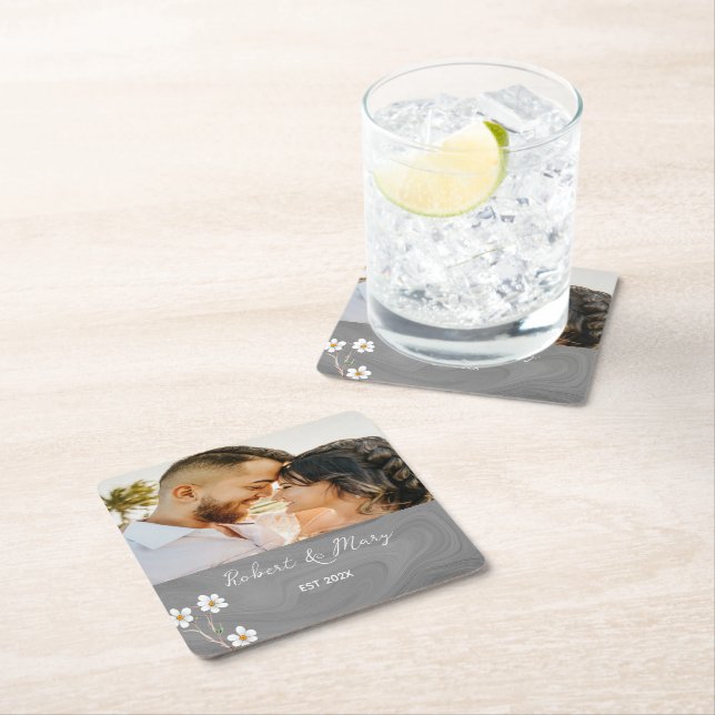 Rustic Gray Wood Custom Photo Wedding Coaster (Insitu)