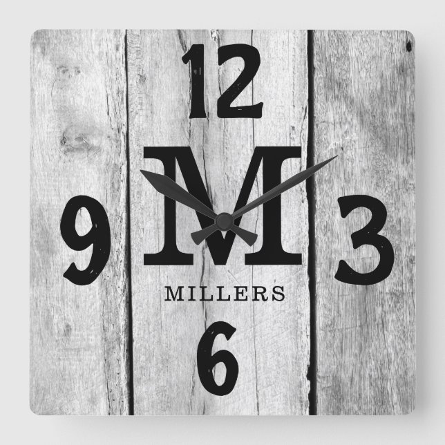  Rustic Gray Wood Family Name Monogram Farmhouse Square Wall Clock (Front)