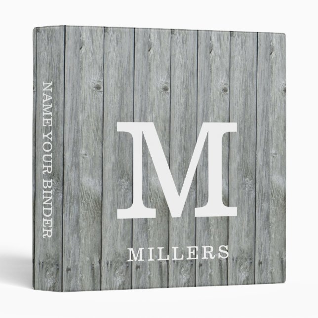 Rustic Gray Wood Family Name Monogram Home School 3 Ring Binder (Front/Spine)