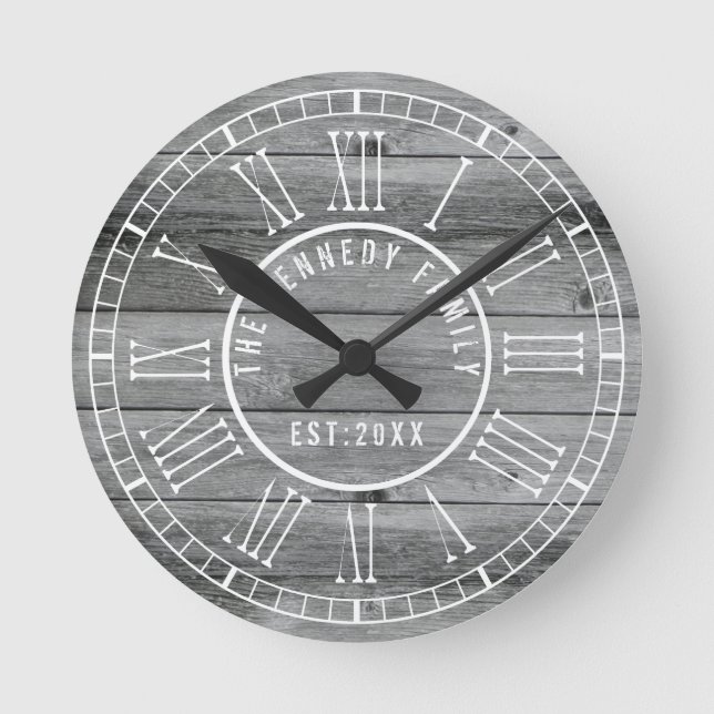 Rustic Gray Wood Family Name White Roman Numeral Round Clock (Front)