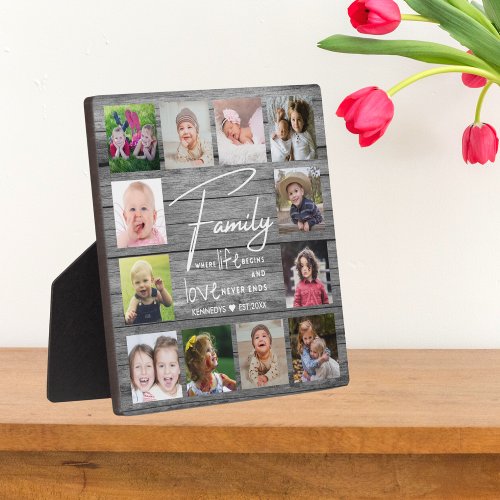 Rustic Gray Wood Family Quote 12 Photo Collage    Plaque