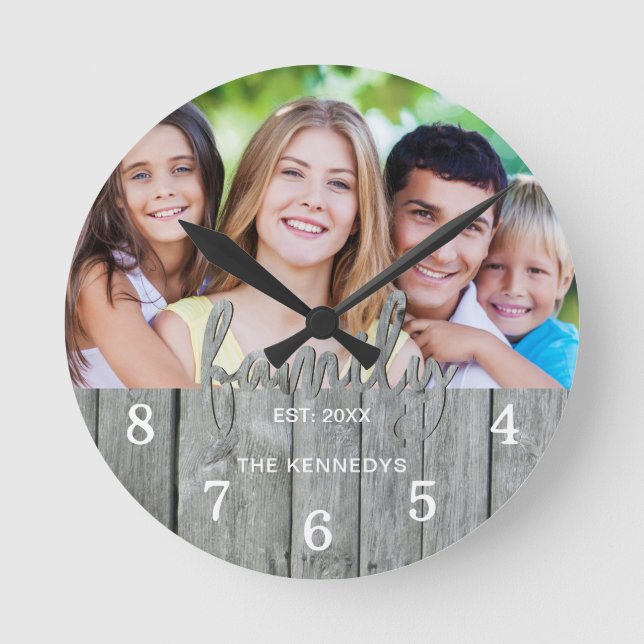 Rustic Gray Wood Family Typography Photo   Round Clock (Front)