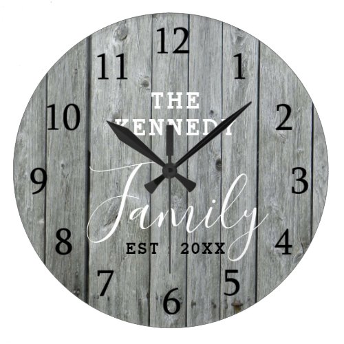 Rustic Gray Wood Farmhouse Family Name Large Clock