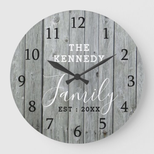 Rustic Gray Wood Farmhouse Family Name Large Clock