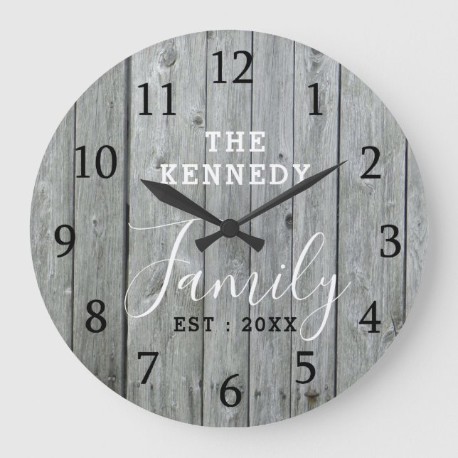 Rustic Gray Wood Farmhouse Family Name Large Clock (Front)