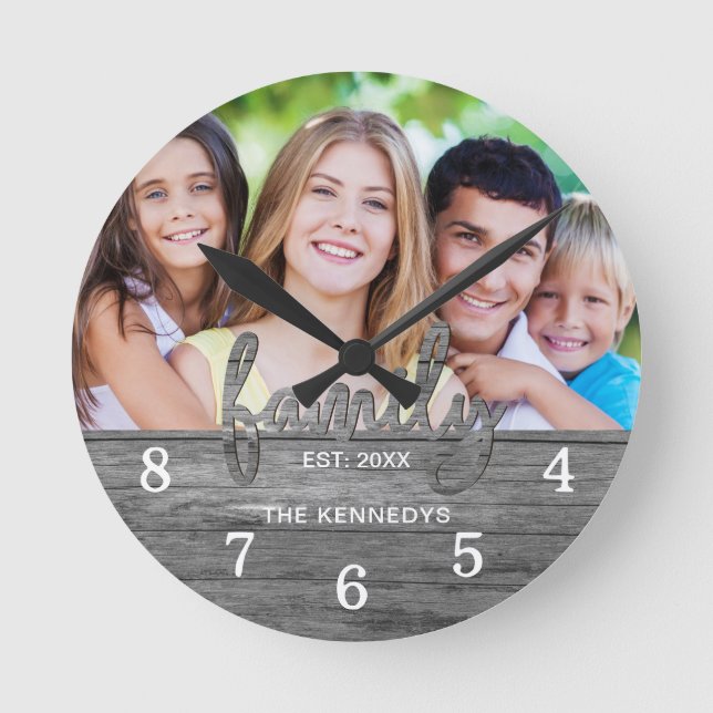 Rustic Gray Wood Farmhouse Family Name Photo  Round Clock (Front)