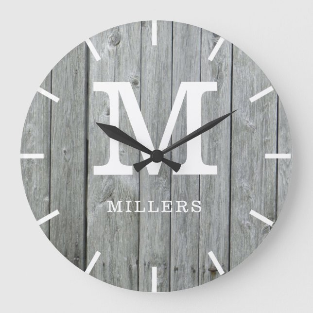 Rustic Gray Wood Farmhouse Monogram Name Large Clock (Front)
