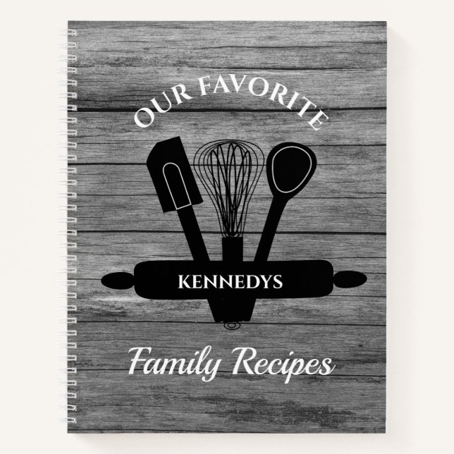 Rustic Gray Wood Favorite Family Recipes Cookbook Notebook (Front)