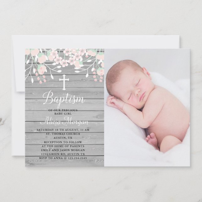 Rustic gray wood floral baptism invitation (Front)