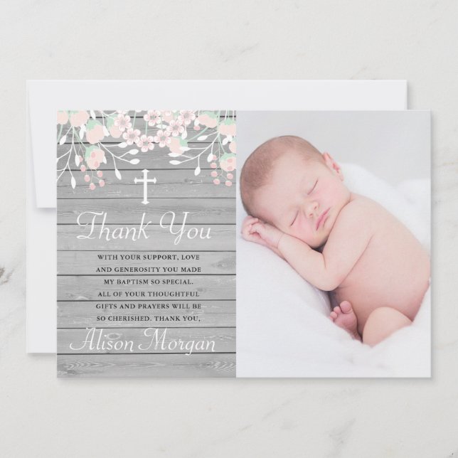 Rustic gray wood floral baptism thank you card (Front)