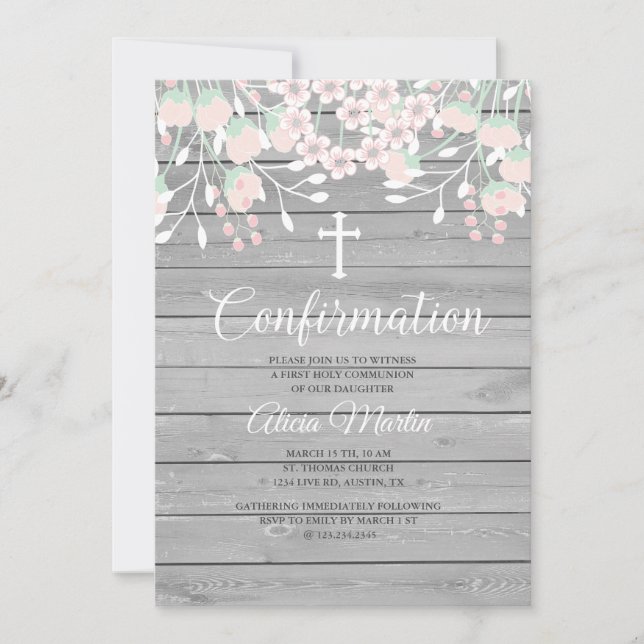Rustic Gray wood floral confirmation invitation (Front)