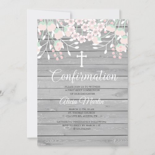 Rustic Gray wood floral confirmation invitation
